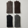 Men's hand-stitched sheepskin gloves: Signature Grey Brown (Mole) top left, Classic Brown top right, Classic Black bottom left and Classic Dark Grey bottom right