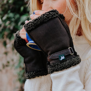 Sheepskin Fingerless Gloves Brown Tornado Made in UK