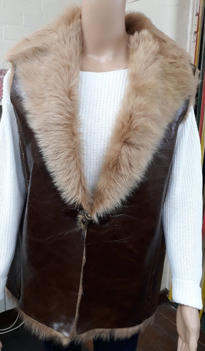 Ladies' Brown Nappa Leather Gilet with Light Beige Wool - Size 20