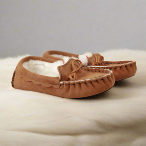 tan mocassin slippers in sheepskin